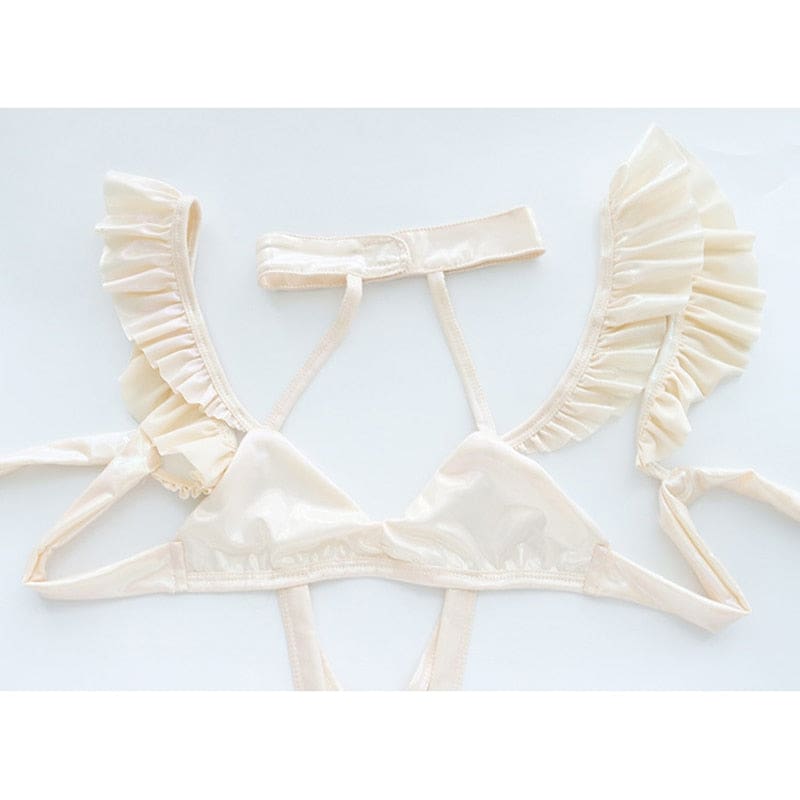 Beige Cream Ruffled Harness Lingerie Cosplay Set