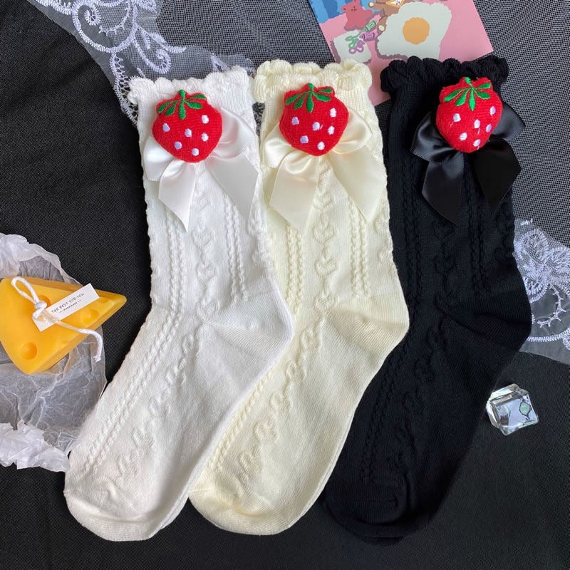 Berry Bow Ruffle Lace Socks - berries, berry, fruit, kawaii, lace socks