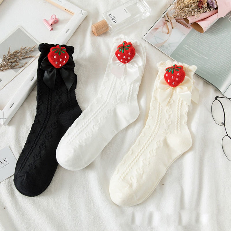 Berry Bow Ruffle Lace Socks - berries, berry, fruit, kawaii, lace socks