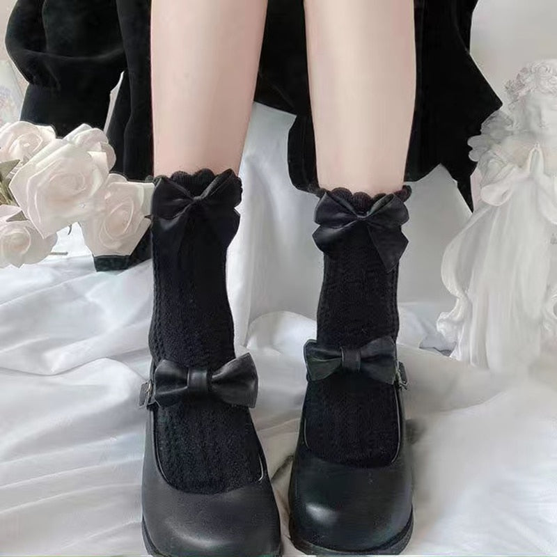 Berry Bow Ruffle Lace Socks - Black Ruffles - berries, berry, fruit, kawaii, lace socks