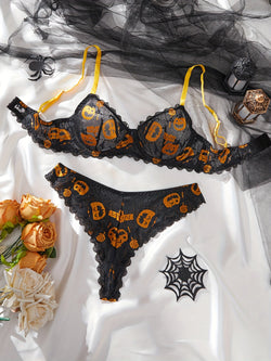 Black Orange Pumpkin Lace Jack-O-Lantern Halloween Lingerie Set