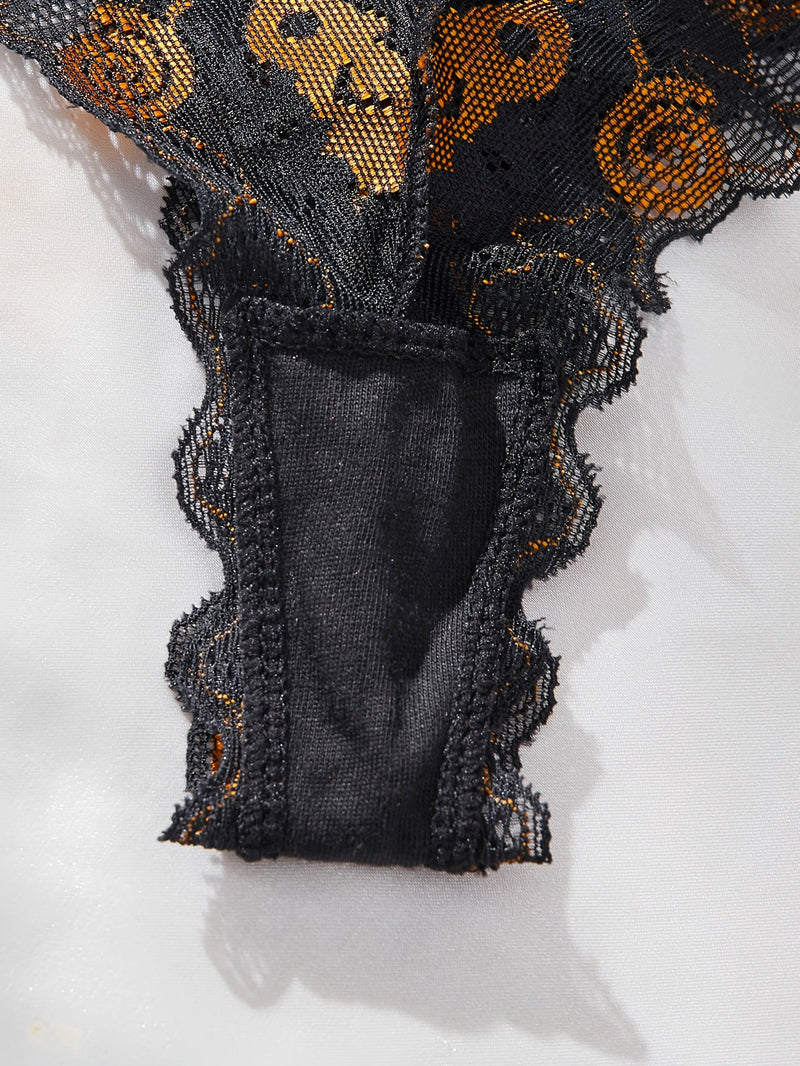 Black Orange Pumpkin Lace Jack-O-Lantern Halloween Lingerie Set