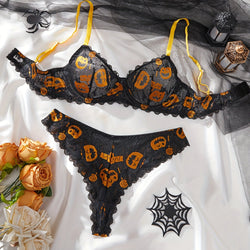 Black Orange Pumpkin Lace Jack-O-Lantern Halloween Lingerie Set