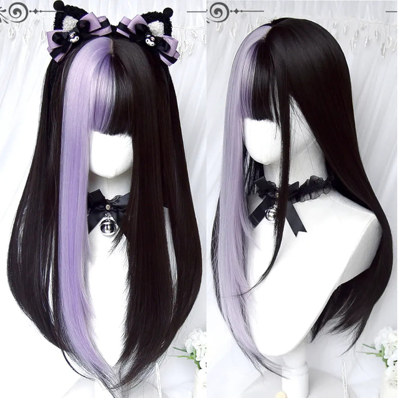 Black & Purple Color Block Wig - pastel goth, wig, wigs