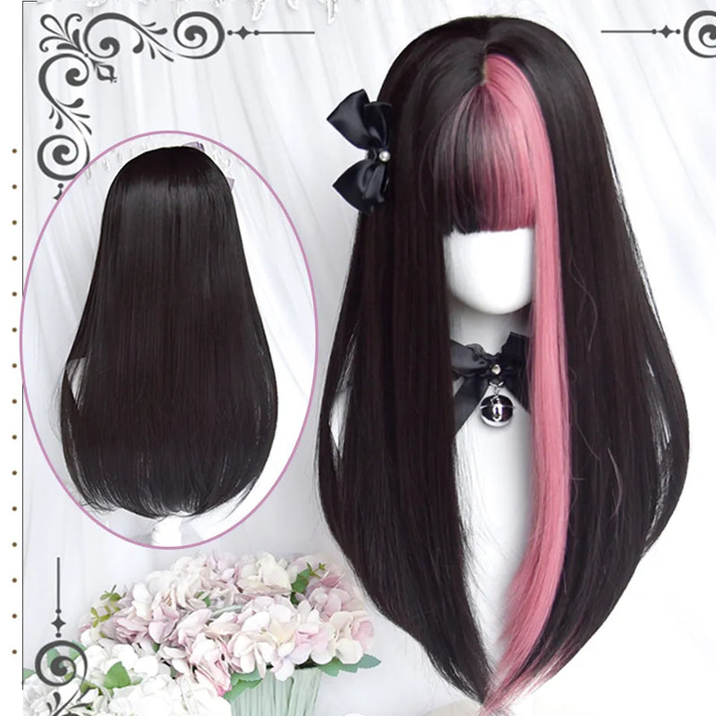 Black & Purple Color Block Wig - PInk - pastel goth, wig, wigs