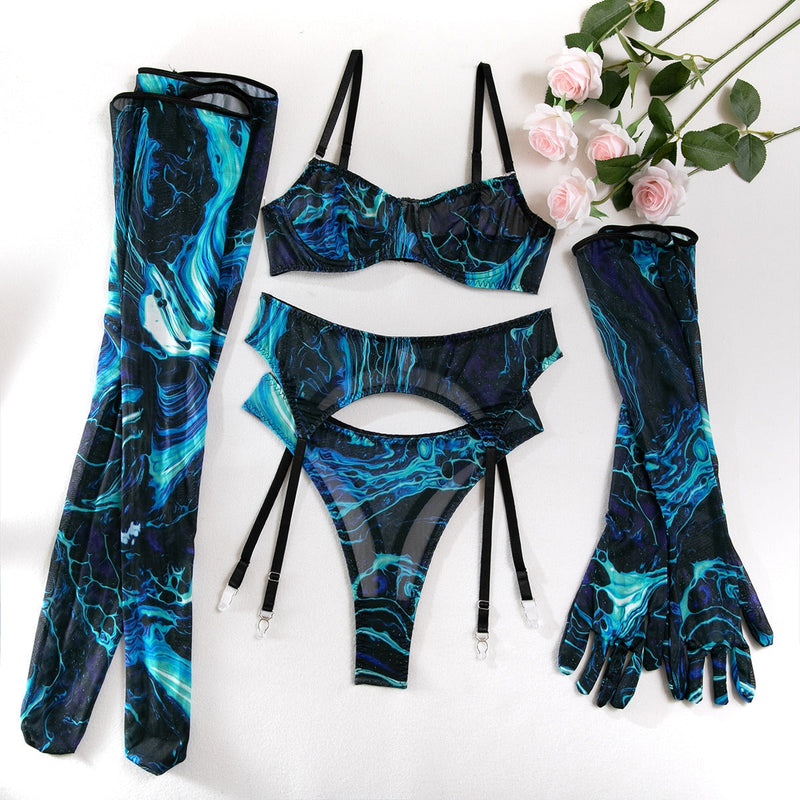 Blue Splash Lingerie Set - bra, bras, brasier, lingerie, paint splatter