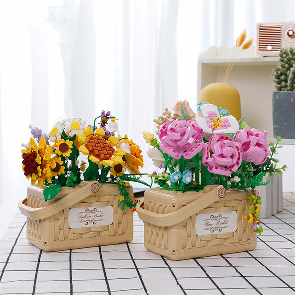 Building Block Basket Bouquet Set - building blocks, flowers, kawaii, lego, lego sets