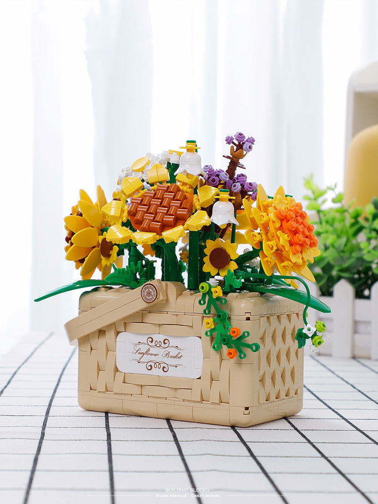 Building Block Basket Bouquet Set - Sunflower - building blocks, flowers, kawaii, lego,