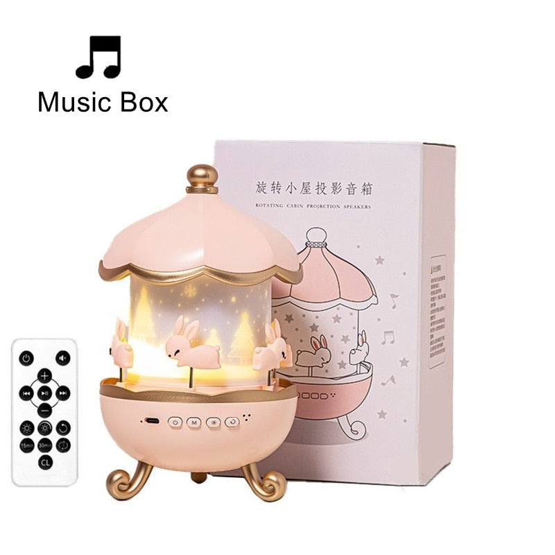 Bunny Carousel Projector Night Light - Plug In Music Box + Remote Style - bluetooth