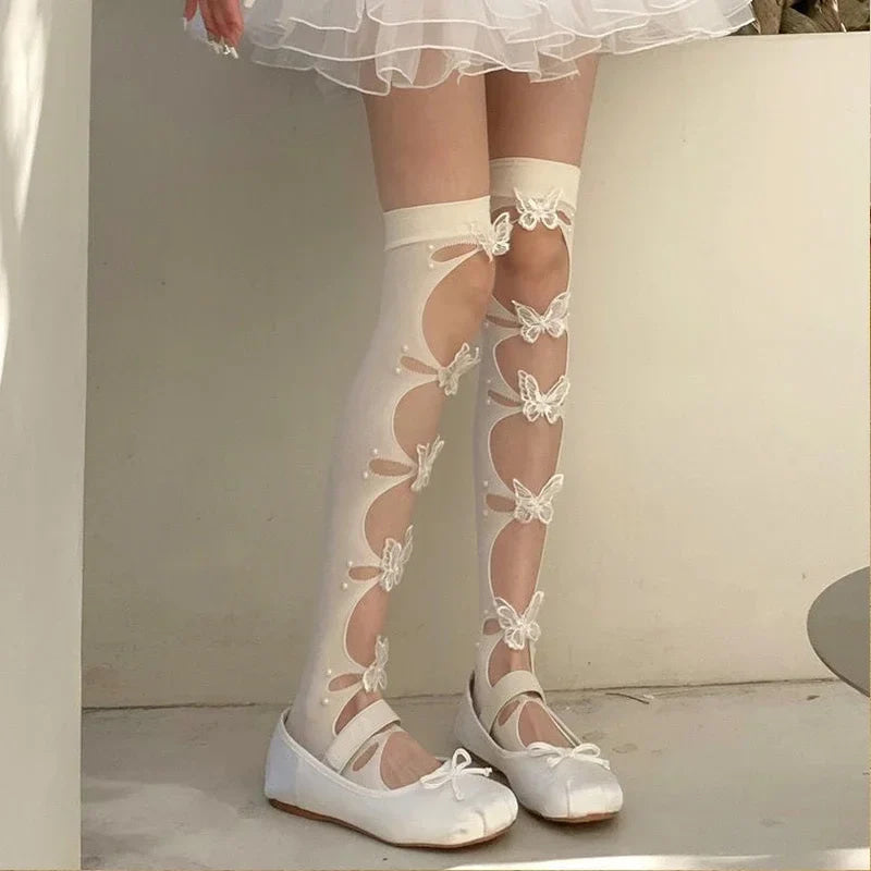 Butterfly Cut-Out Thigh Highs - butterflies, butterfly, kawaii, kawaii fashion, socks