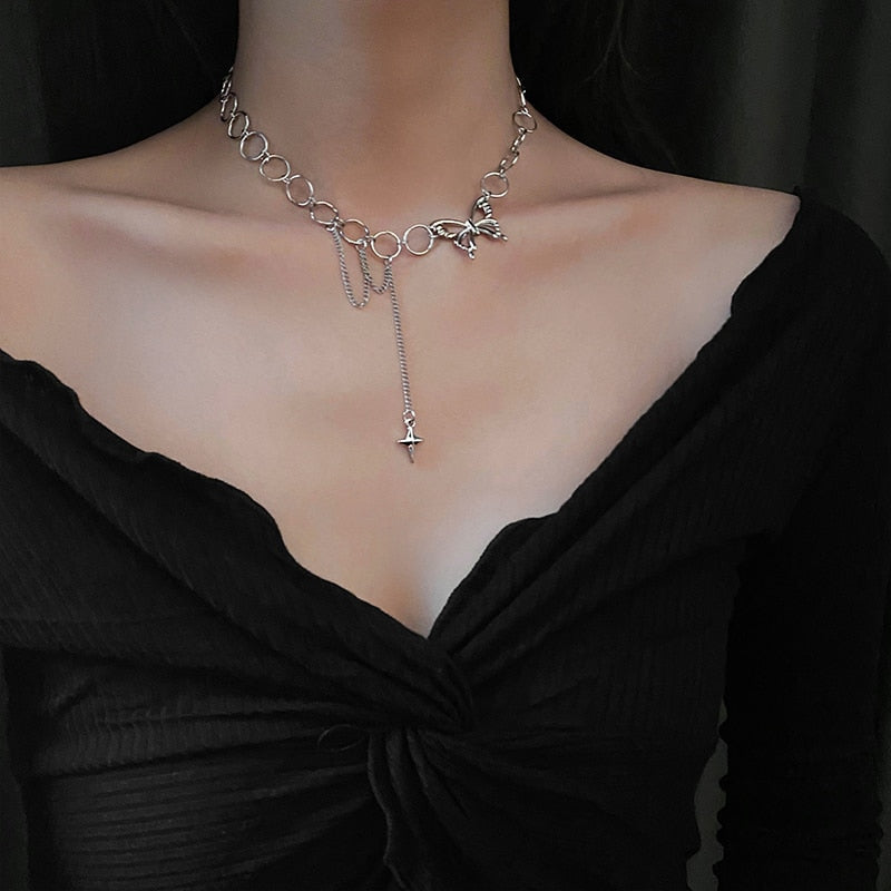 Butterfly & pearl necklace - butterfly - chain - choker - ethereal - kawaii