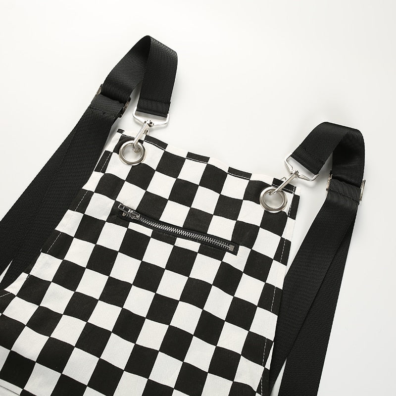 Checkerboard Jumpsuit - apron, aprons, black and white, checkered, coveralls