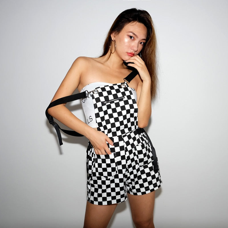 Checkerboard Jumpsuit - apron, aprons, black and white, checkered, coveralls