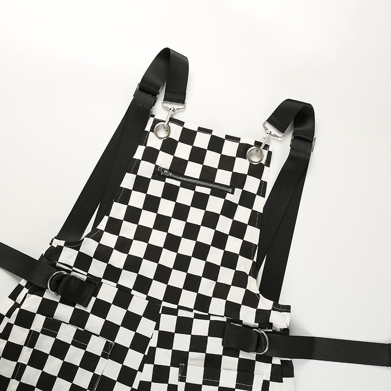 Checkerboard Jumpsuit - apron, aprons, black and white, checkered, coveralls