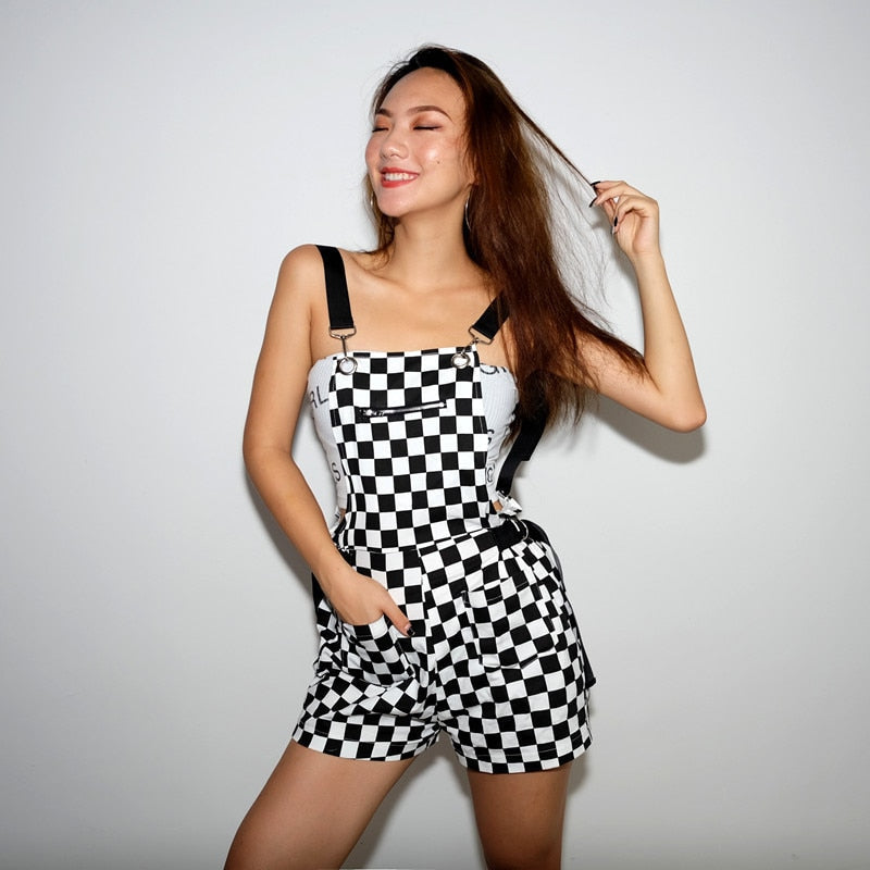 Checkerboard Jumpsuit - apron, aprons, black and white, checkered, coveralls