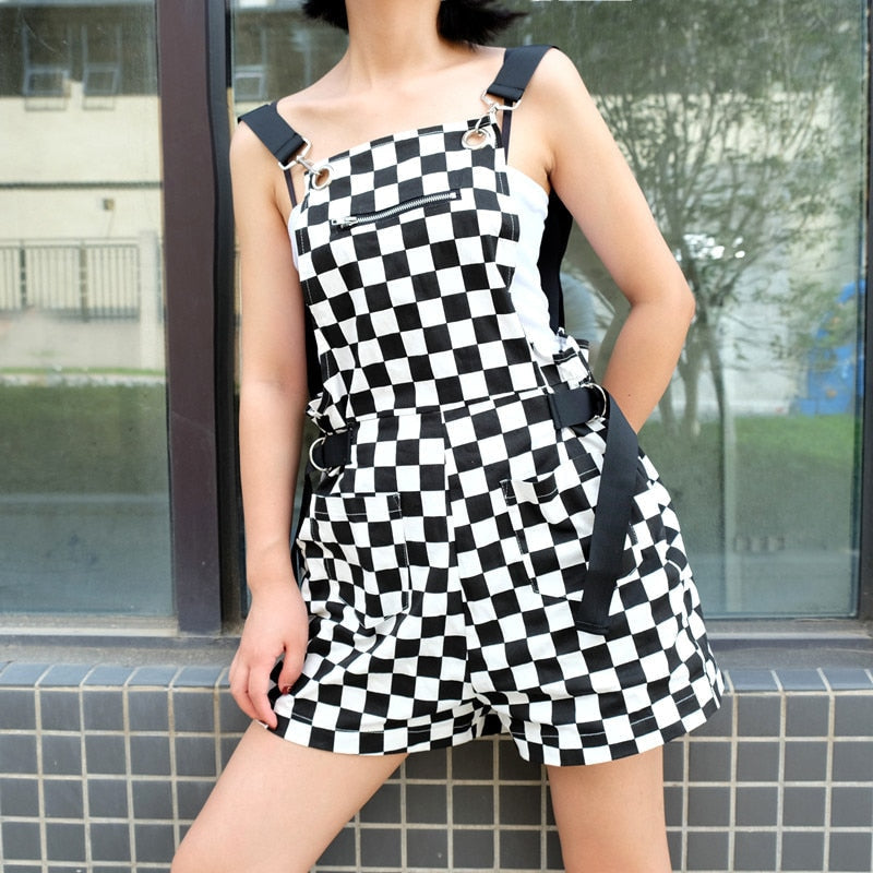 Checkerboard Jumpsuit - S - apron, aprons, black and white, checkered, coveralls