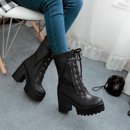 Chunky Lace Trim Platform Boots Lolita Ankle Booties – DDLG Playground