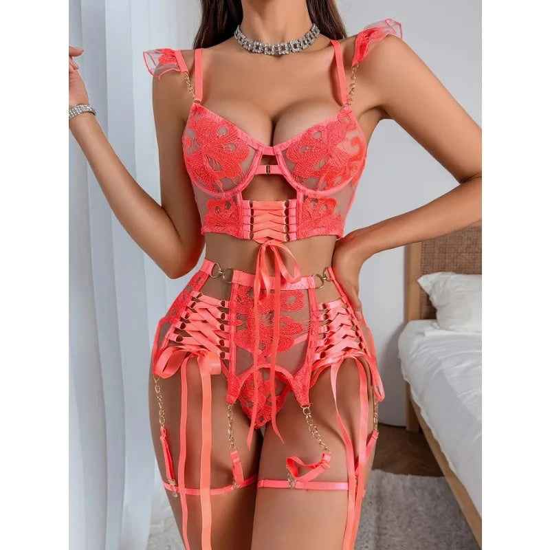 Coral Dream Orange Corset Lingerie Set With Garter Belts