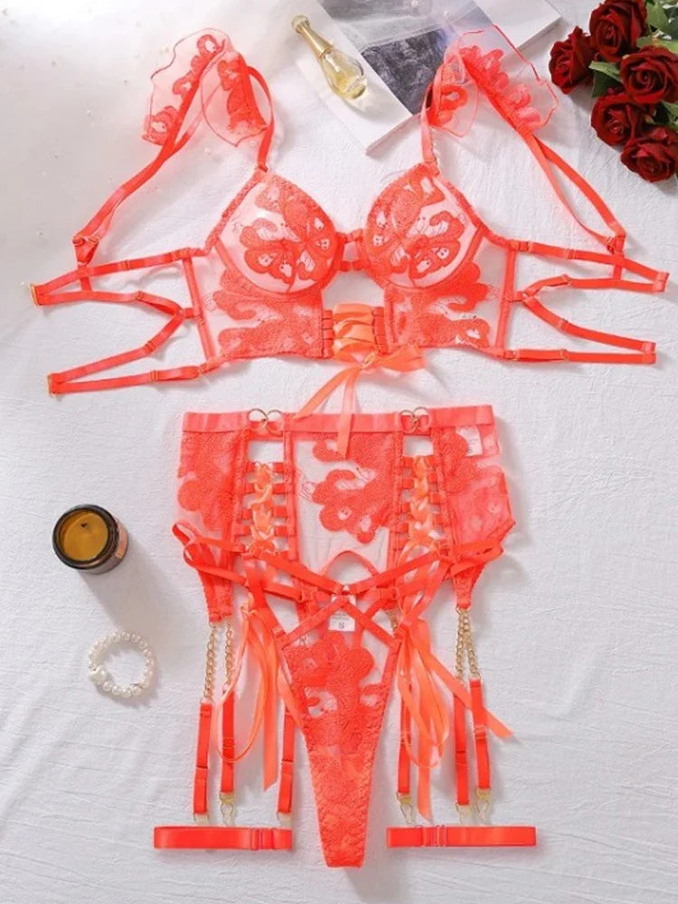 Coral Dream Orange Corset Lingerie Set With Garter Belts