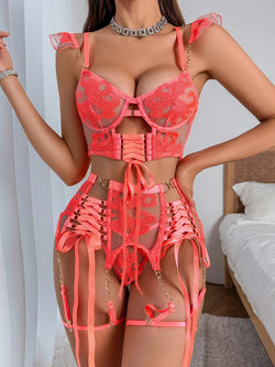 Coral Dream Orange Corset Lingerie Set With Garter Belts