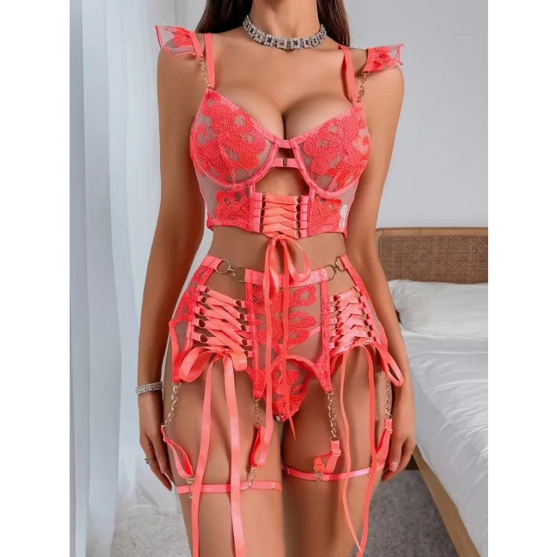 Coral Dream Orange Corset Lingerie Set With Garter Belts