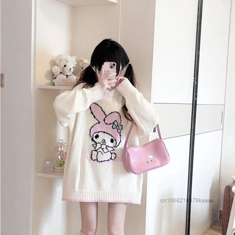 Cozy Sweet Pink Knit Bunny Sweater Crewneck