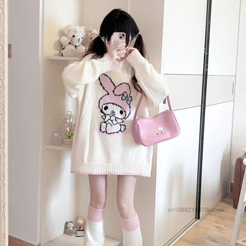 Cozy Sweet Pink Knit Bunny Sweater Crewneck