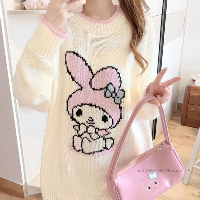 Cozy Sweet Pink Knit Bunny Sweater Crewneck