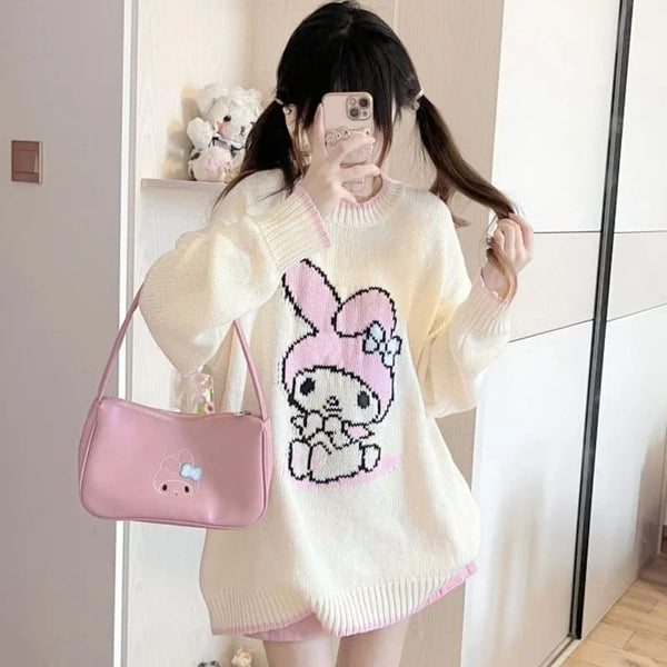 Cozy Sweet Pink Knit Bunny Sweater Crewneck