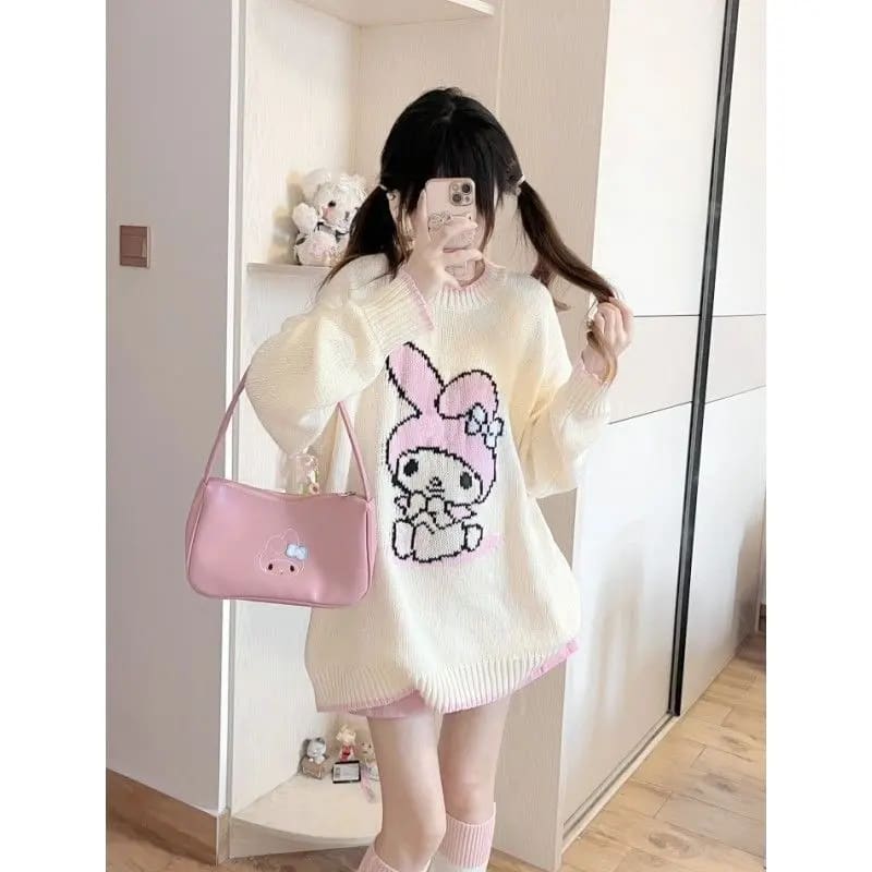 Cozy Sweet Pink Knit Bunny Sweater Crewneck