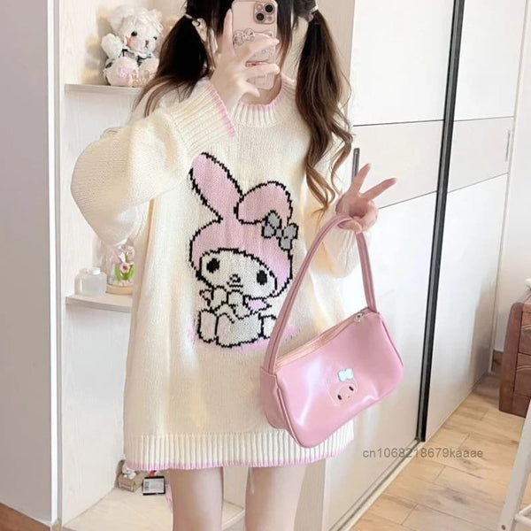 Cozy Sweet Pink Knit Bunny Sweater Crewneck