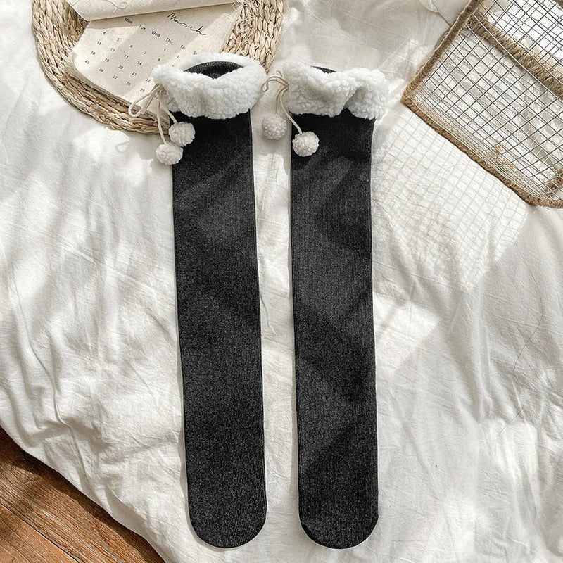 Cozy Wool Pompom Stockings - Dark Grey / Calf Length - lace stockings, plush socks, thigh