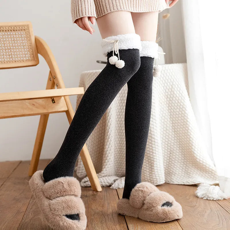 Cozy Wool Pompom Stockings - lace stockings, plush socks, thigh highs