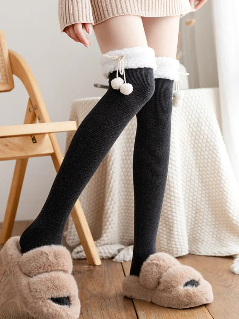 Cozy Wool Pompom Stockings - lace stockings, plush socks, thigh highs