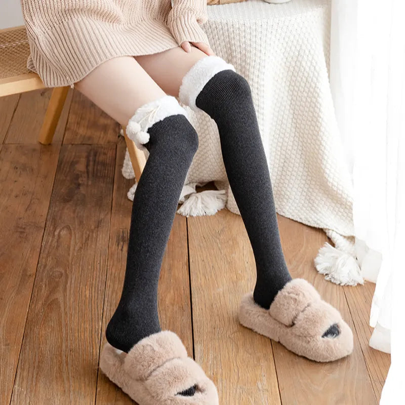 Cozy Wool Pompom Stockings - lace stockings, plush socks, thigh highs