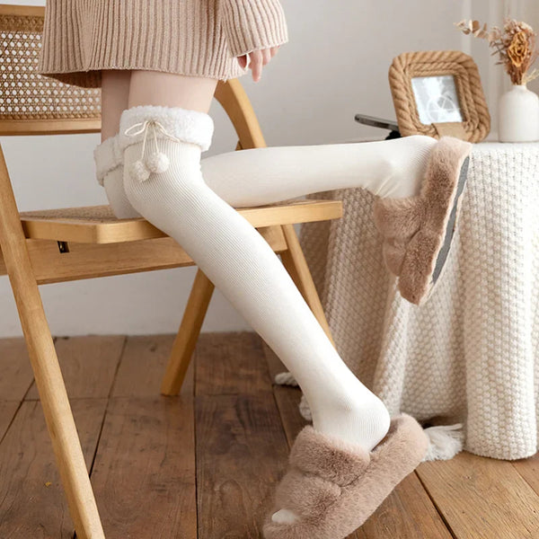 Cozy Wool Pompom Stockings - lace stockings, plush socks, thigh highs