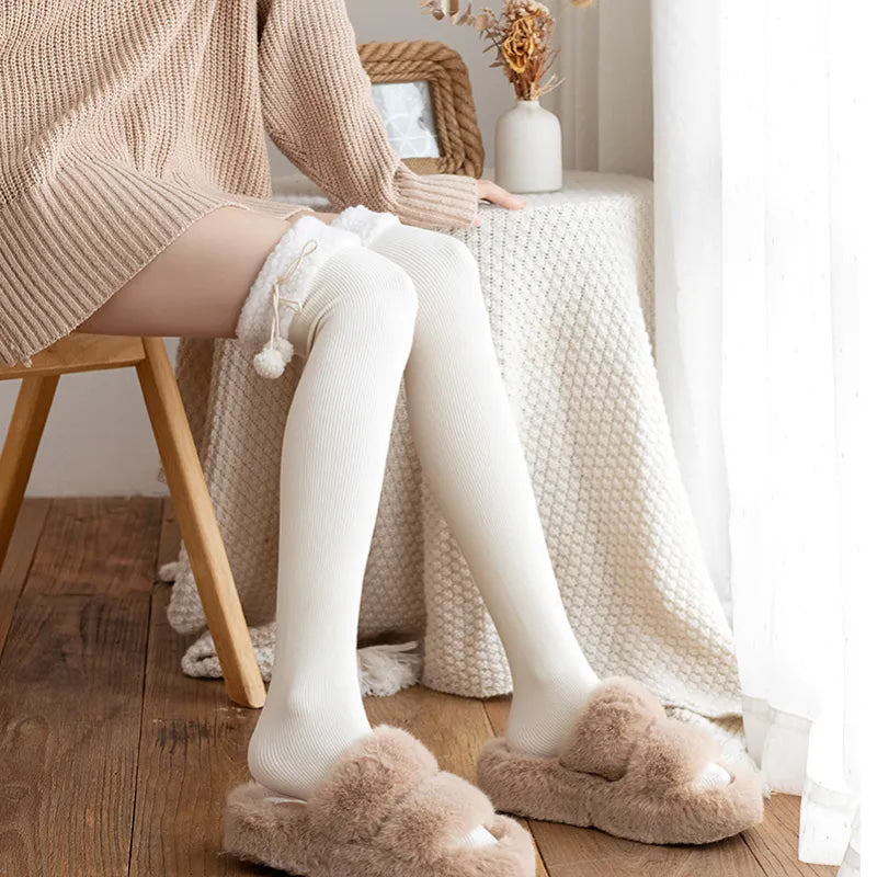 Cozy Wool Pompom Stockings - lace stockings, plush socks, thigh highs