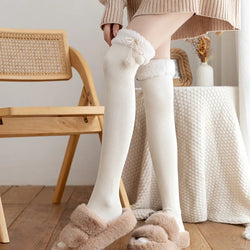 Cozy Wool Pompom Stockings - lace stockings, plush socks, thigh highs