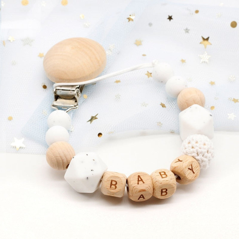 Custom Wood Bead Pacifier Clip - White - custom, custom pacifier clip, customize,