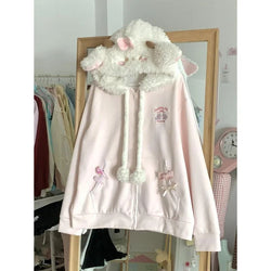 Cute Kawaii Pink Littlest Lamb Fuzzy Zip Up Hoodie Sweater