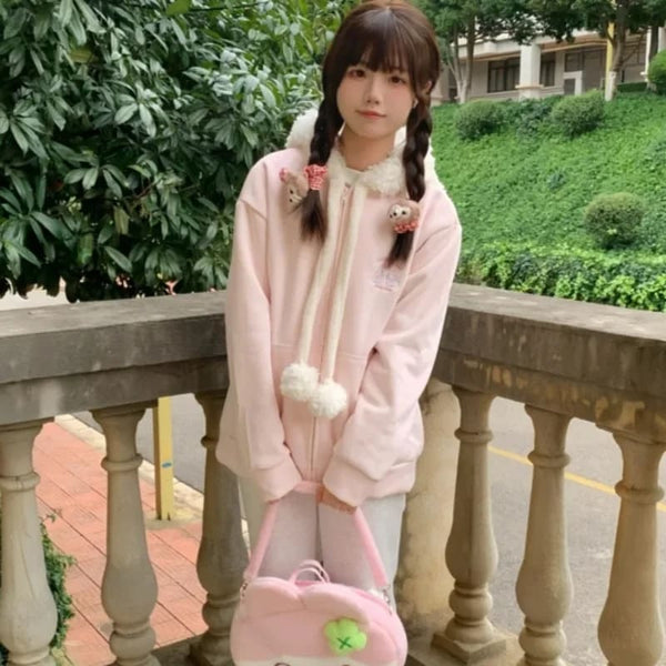 Cute Kawaii Pink Littlest Lamb Fuzzy Zip Up Hoodie Sweater