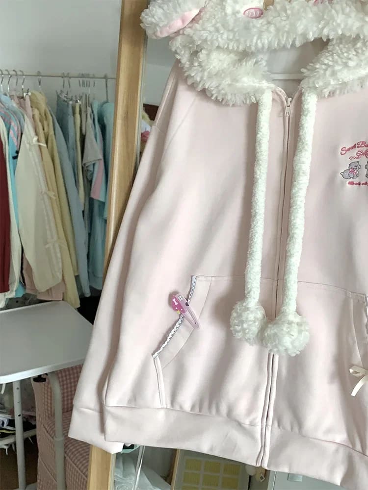 Cute Kawaii Pink Littlest Lamb Fuzzy Zip Up Hoodie Sweater