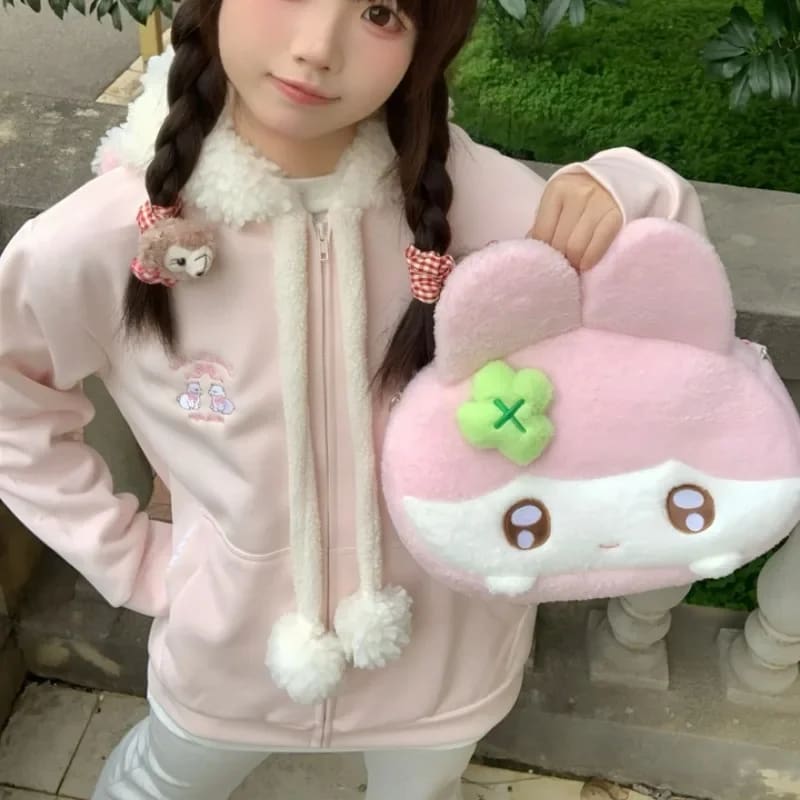 Cute Kawaii Pink Littlest Lamb Fuzzy Zip Up Hoodie Sweater