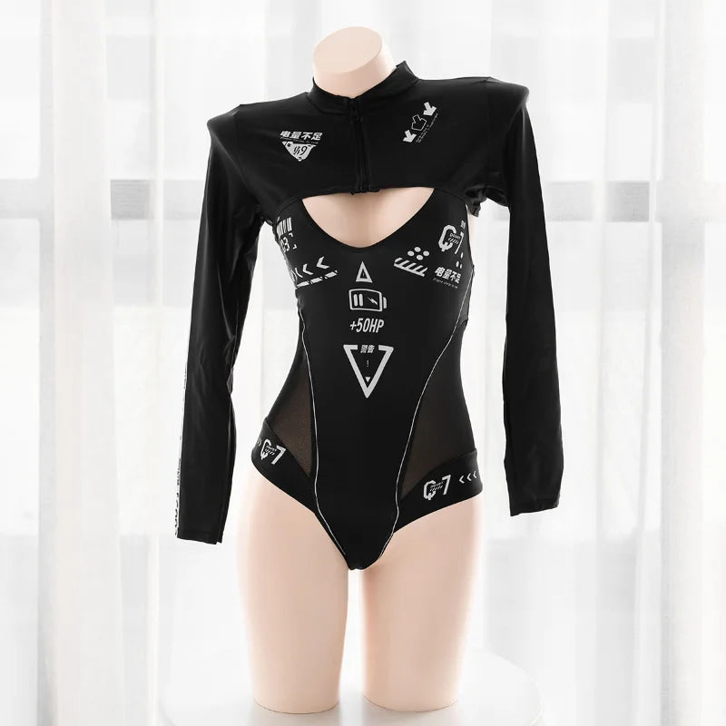 Cyber Mechanic Sukumizu Bodysuit & Stocking Set - Just - gamer, lingerie, mask, masks,