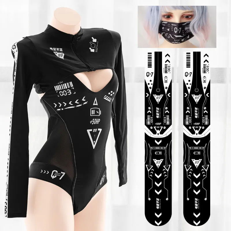 Cyber Mechanic Sukumizu Bodysuit & Stocking Set - Stockings + Facemask - gamer, lingerie,