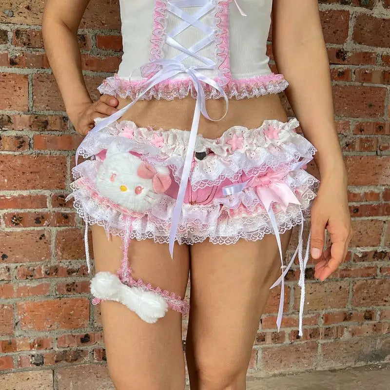 Daddy’s Pretty Kitten Micro Shorts - corset, denim, hello kitty, mini skirt, pink skirt