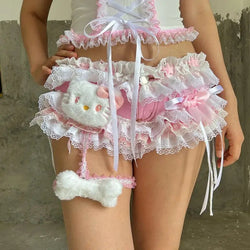 Daddy’s Pretty Kitten Micro Shorts - corset, denim, hello kitty, mini skirt, pink skirt