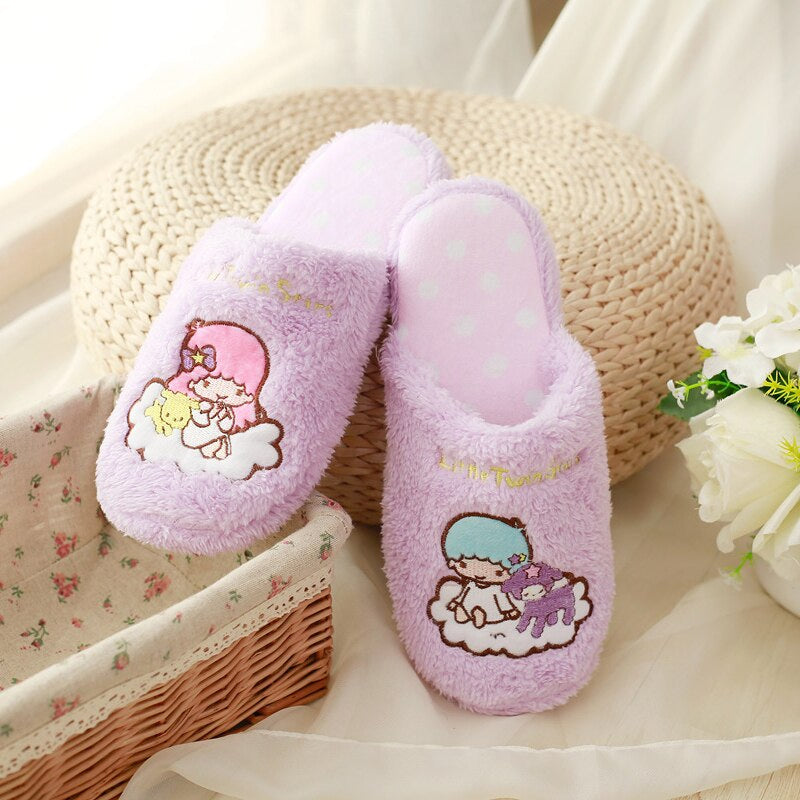 Dreamy Twin Star Slippers - Purple - fairy kei, feetwear, footwear, furry, fuzzy