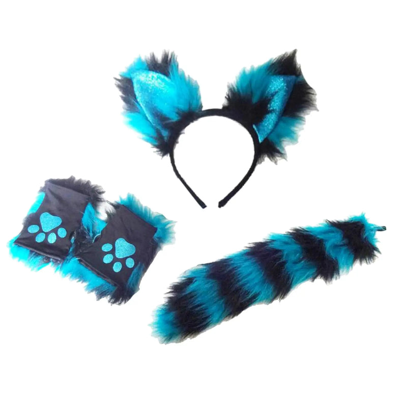 Electric Blue Tie-On Petplay Set - anal plug, butt plugs, cat, cat tail