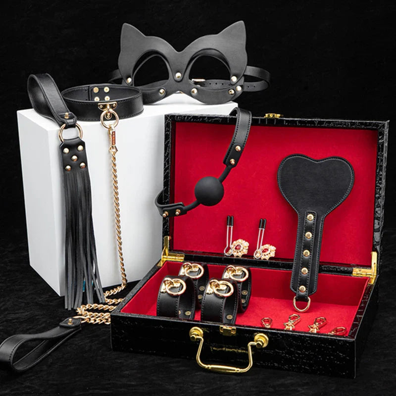 Fifty Shades Play Kit + Box Set - ankle cuffs, handcuffs, leash, mask, paddle